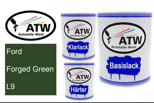 Ford, Forged Green, L9: 1L Lackdose + 1L Klarlack + 500ml Härter - Set, von ATW Autoteile West.